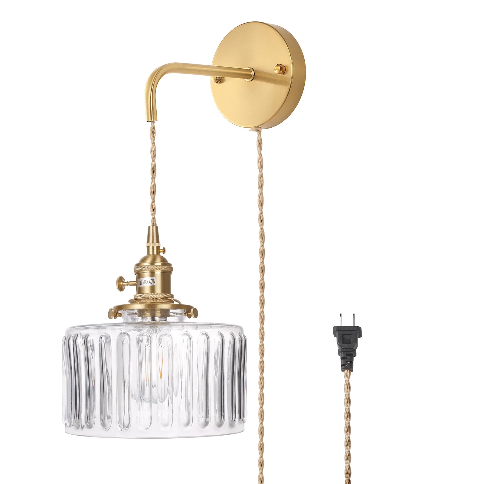 Vintage Plug In Wall Sconce Light with Clear Glass Shade Brass Wall Lamp for Bedroom Hallway Decor