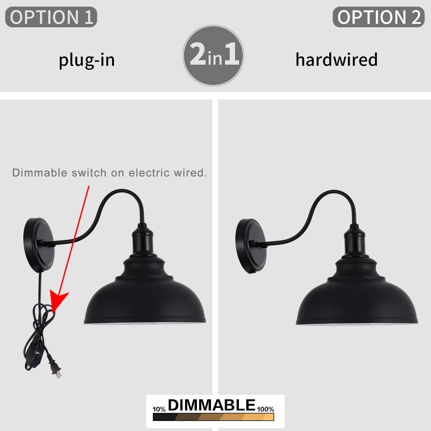 Vintage Gooseneck Wall Sconce Light with Plug In Cord Black Industrial Wall Lamp for Bedroom Kitchen