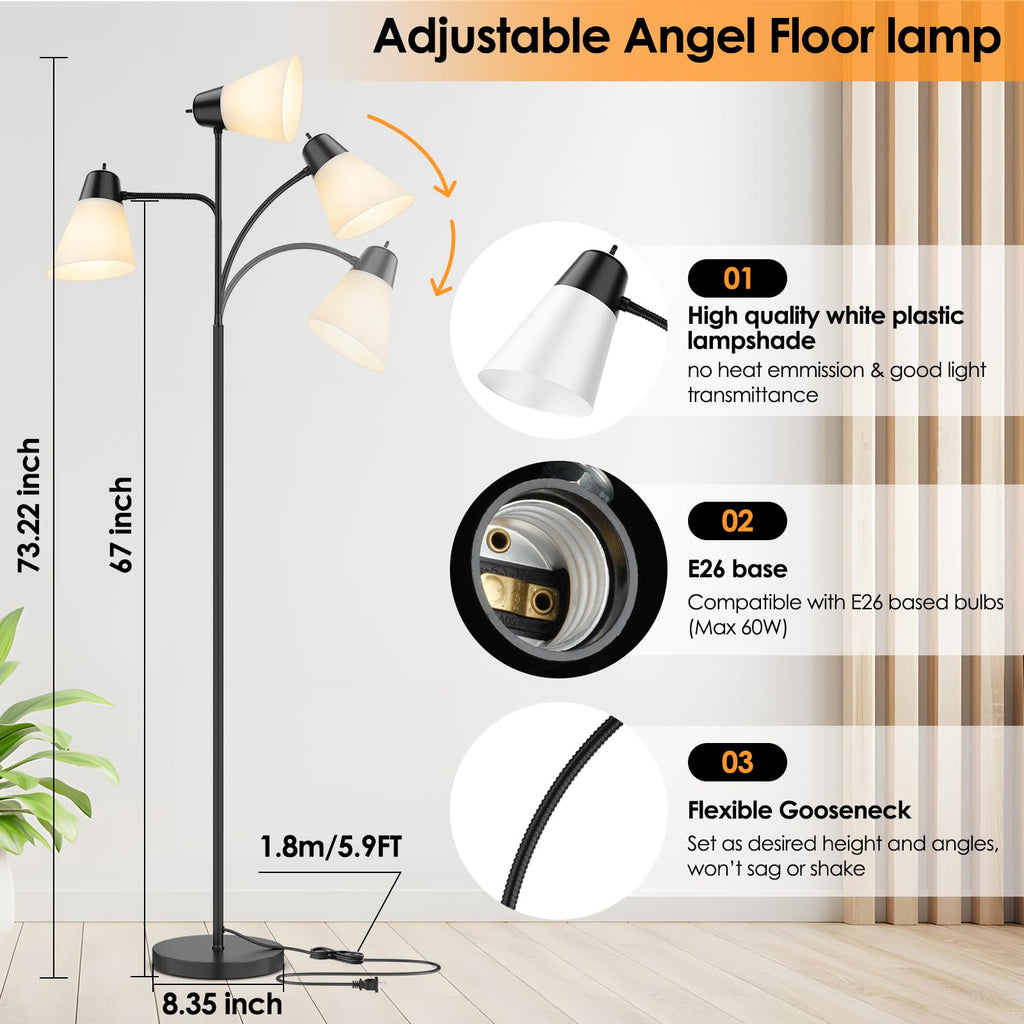 Adjustable Gooseneck Floor Lamp with White Shade Flexible Reading Light for Living Room Bedroom Office