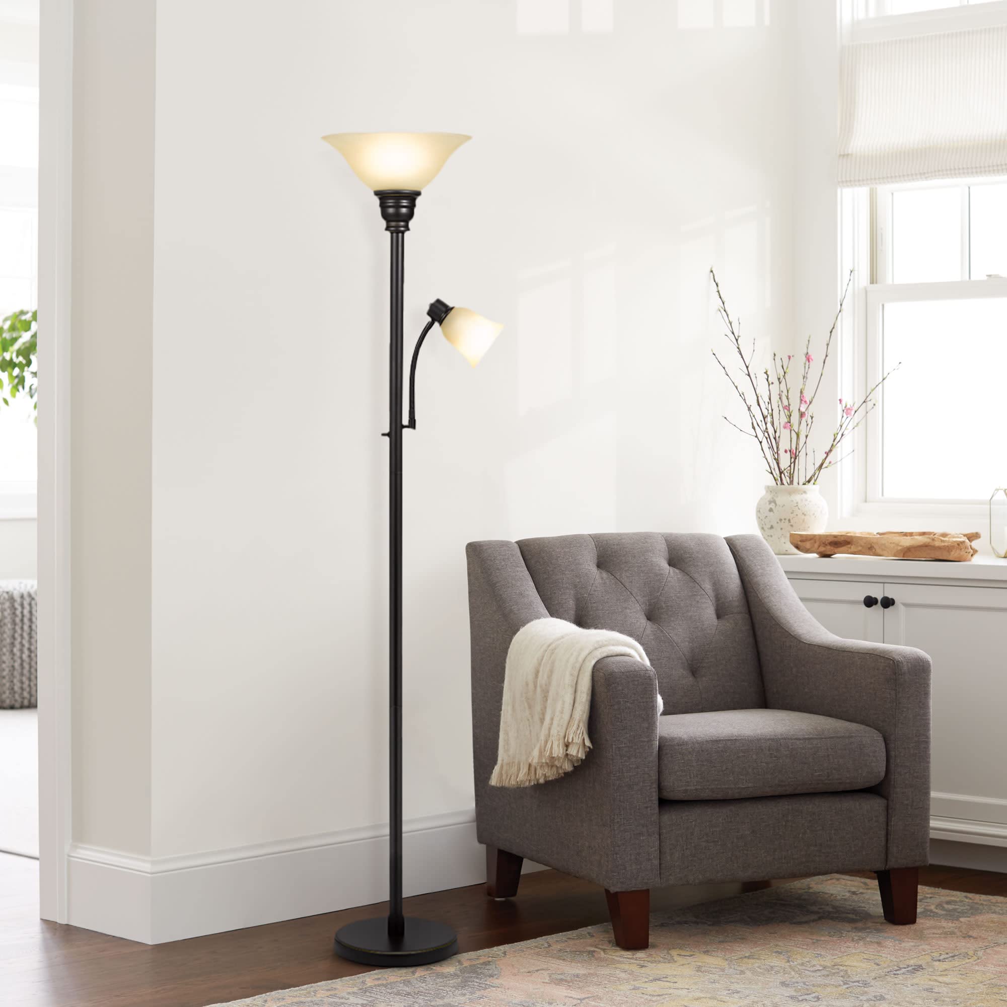 Torchiere Floor Lamp with Adjustable Reading Light Dark Bronze Standing Lamp for Living Room Bedroom