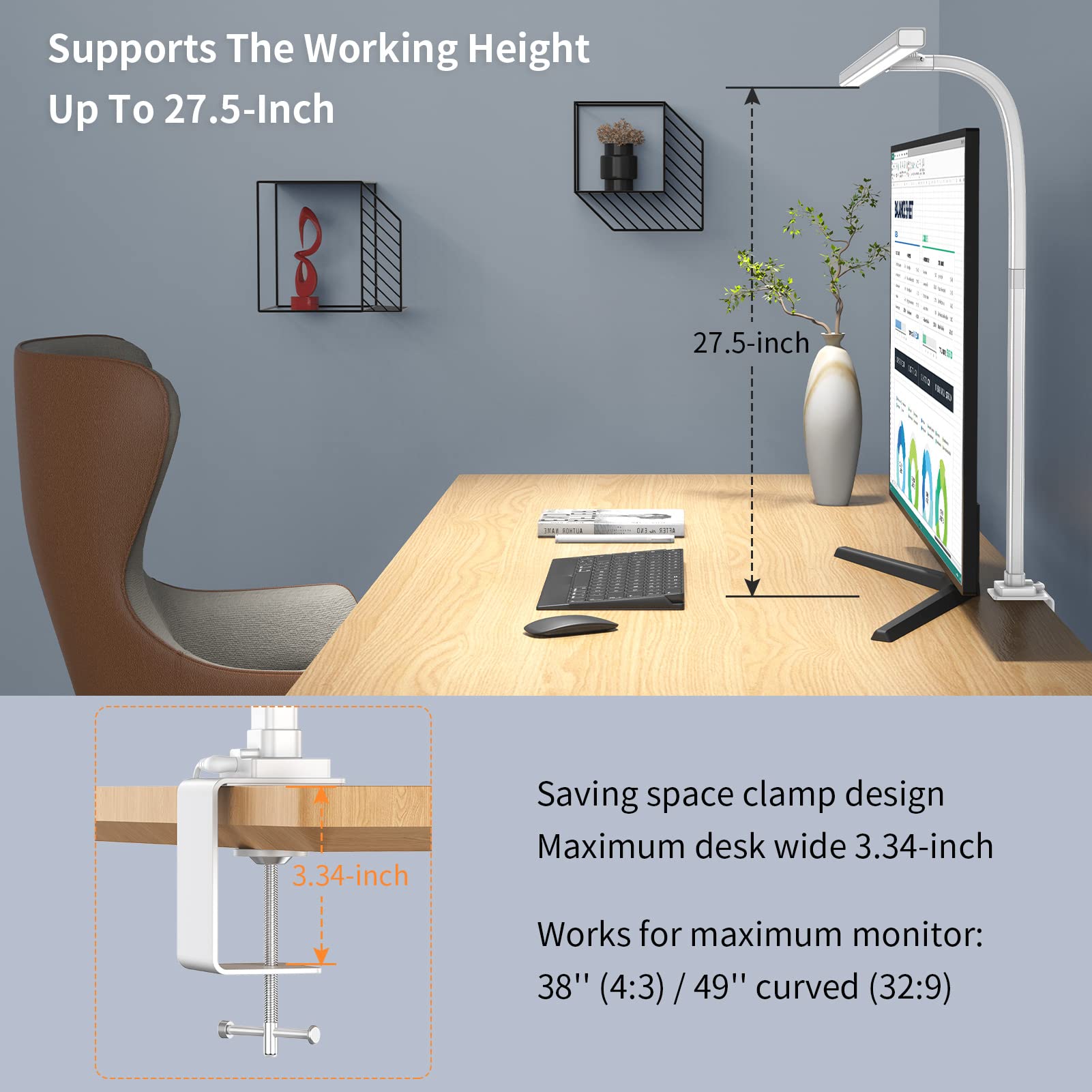 24W LED Clamp Desk Lamp with Adjustable Arm 6 Color Modes and Dimming for Home Office Study