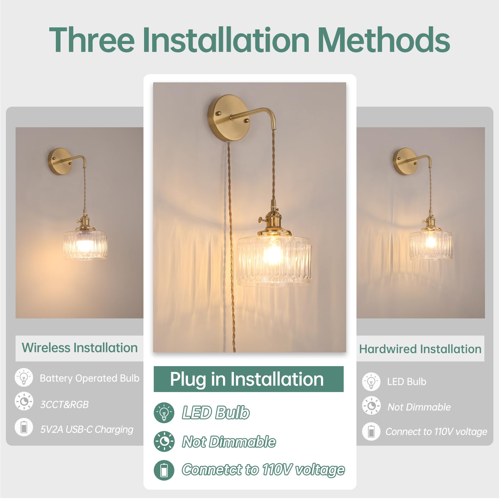 Vintage Plug In Wall Sconce Light with Clear Glass Shade Brass Wall Lamp for Bedroom Hallway Decor