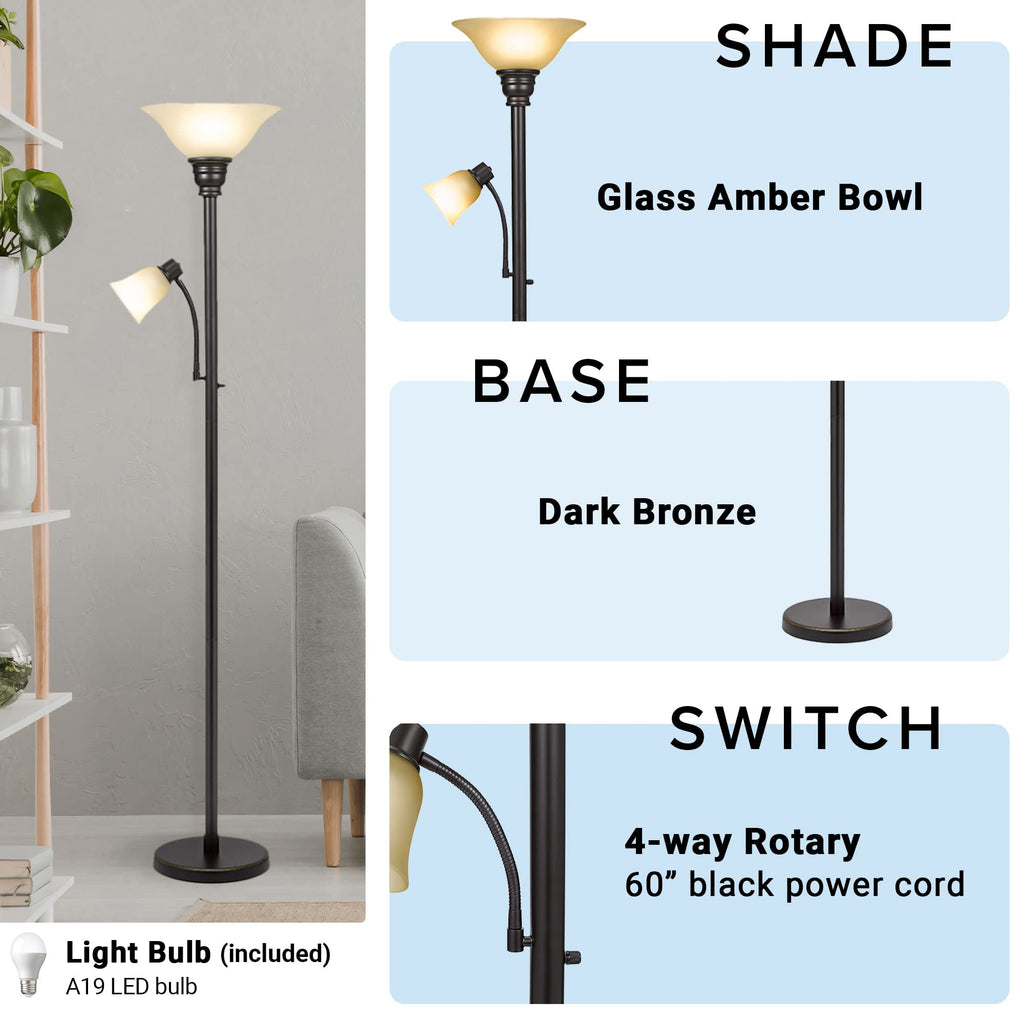 Torchiere Floor Lamp with Adjustable Reading Light Dark Bronze Standing Lamp for Living Room Bedroom